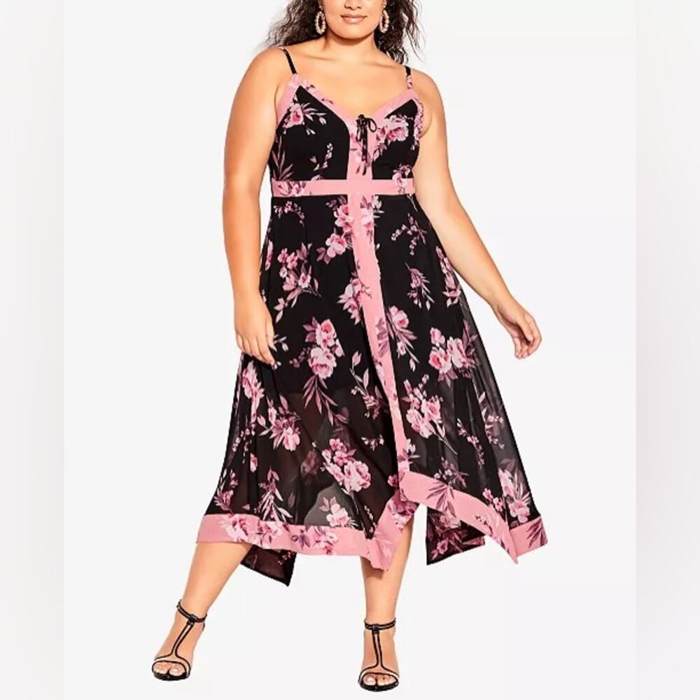 Plus Size Black and Pink Floral Midi Dress